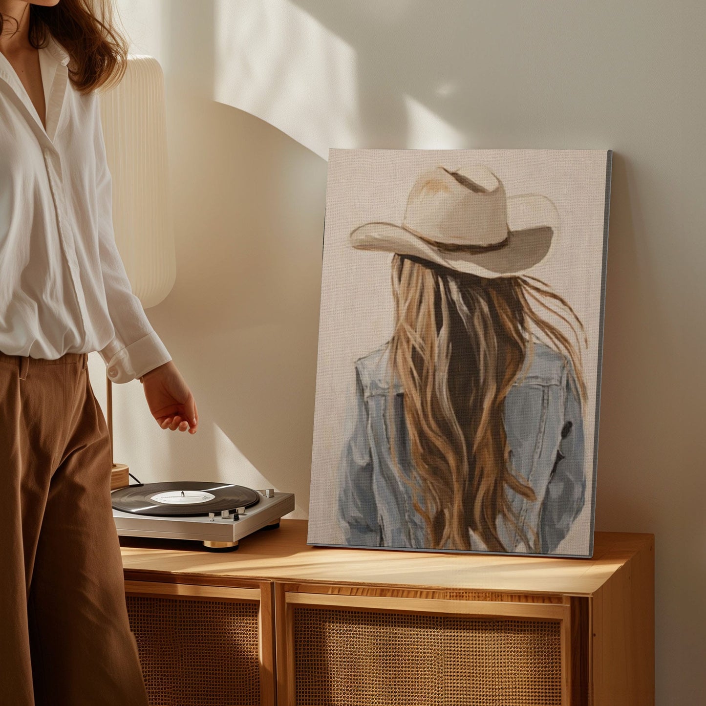 Western Cowgirl Wall Art Canvas, Cowboy Hat Girl Painting, Rustic Bar Decor