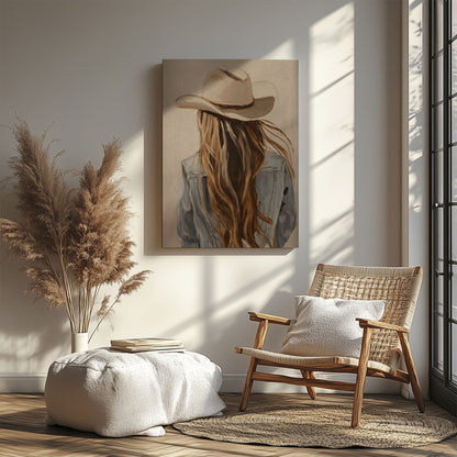 Western Cowgirl Wall Art Canvas, Cowboy Hat Girl Painting, Rustic Bar Decor