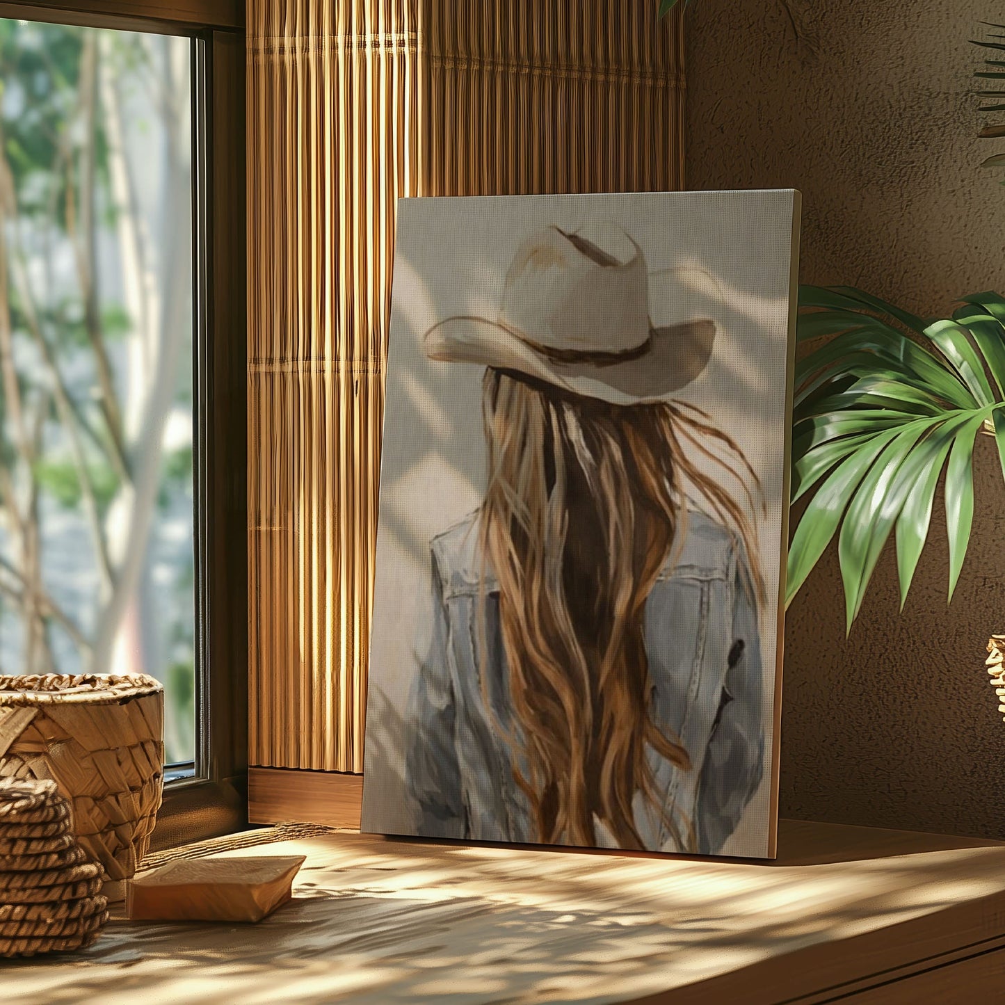 Western Cowgirl Wall Art Canvas, Cowboy Hat Girl Painting, Rustic Bar Decor