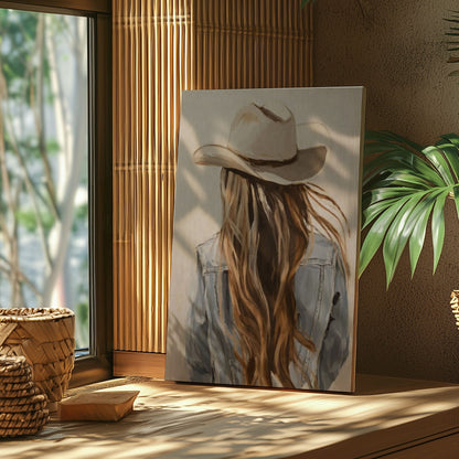 Western Cowgirl Wall Art Canvas, Cowboy Hat Girl Painting, Rustic Bar Decor