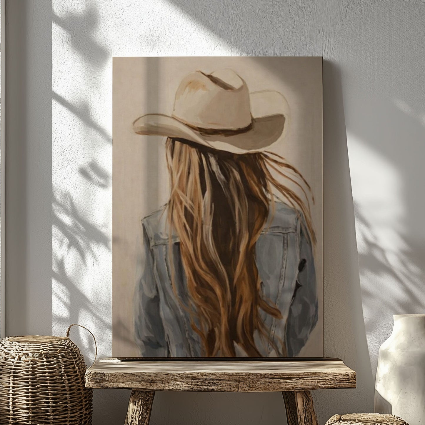 Western Cowgirl Wall Art Canvas, Cowboy Hat Girl Painting, Rustic Bar Decor