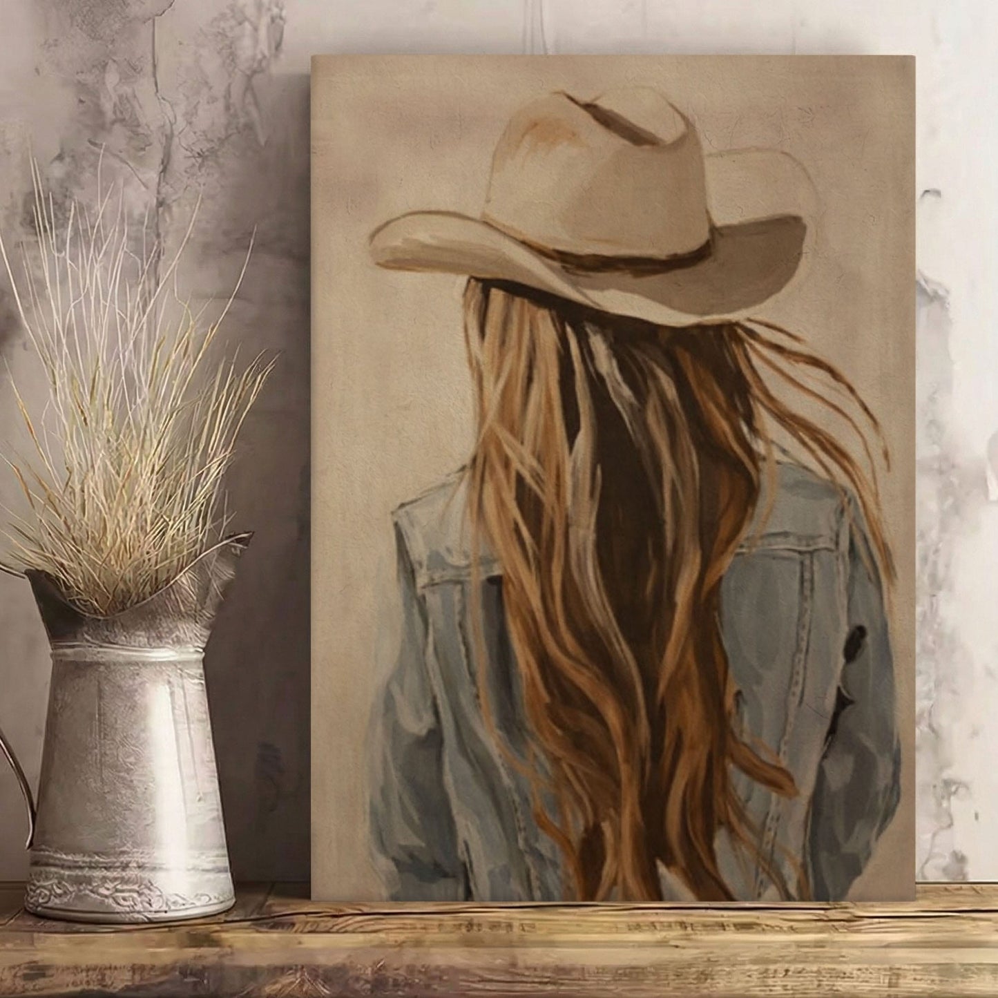Western Cowgirl Wall Art Canvas, Cowboy Hat Girl Painting, Rustic Bar Decor