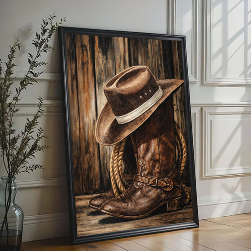 Cowboy Boots and Hat Wall Art Canvas, Western Bar Decor, Rustic Cabin Lodge Wall Decor