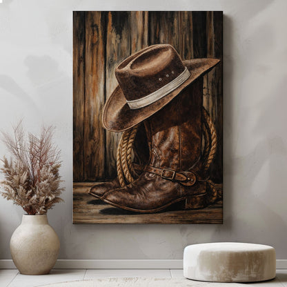 Cowboy Boots and Hat Wall Art Canvas, Western Bar Decor, Rustic Cabin Lodge Wall Decor