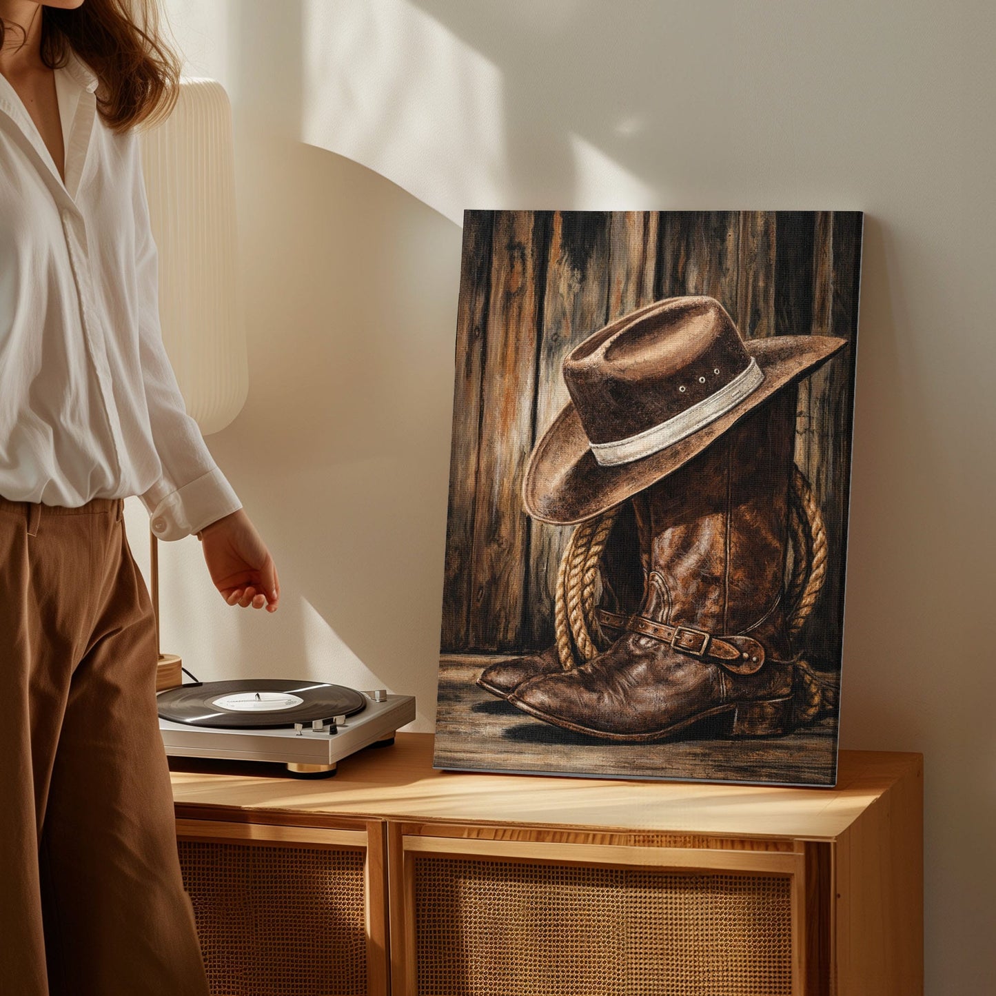 Cowboy Boots and Hat Wall Art Canvas, Western Bar Decor, Rustic Cabin Lodge Wall Decor