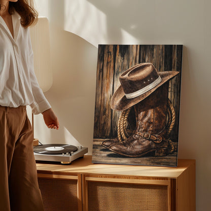 Cowboy Boots and Hat Wall Art Canvas, Western Bar Decor, Rustic Cabin Lodge Wall Decor