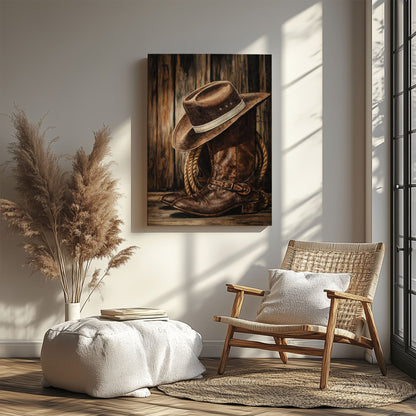 Cowboy Boots and Hat Wall Art Canvas, Western Bar Decor, Rustic Cabin Lodge Wall Decor