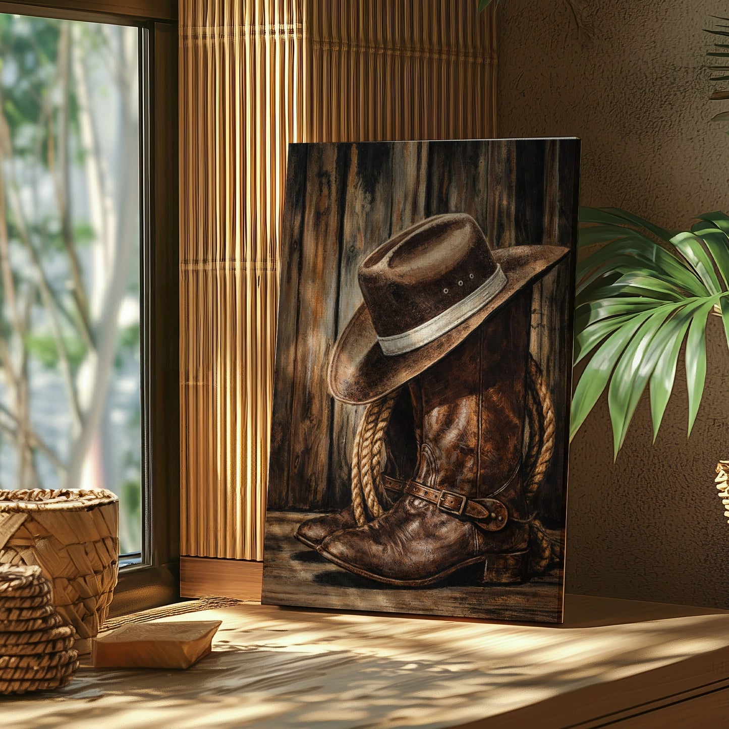 Cowboy Boots and Hat Wall Art Canvas, Western Bar Decor, Rustic Cabin Lodge Wall Decor
