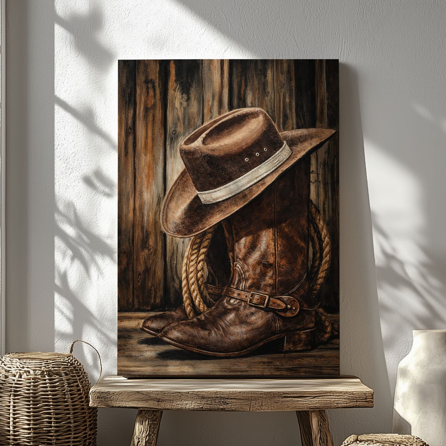 Cowboy Boots and Hat Wall Art Canvas, Western Bar Decor, Rustic Cabin Lodge Wall Decor