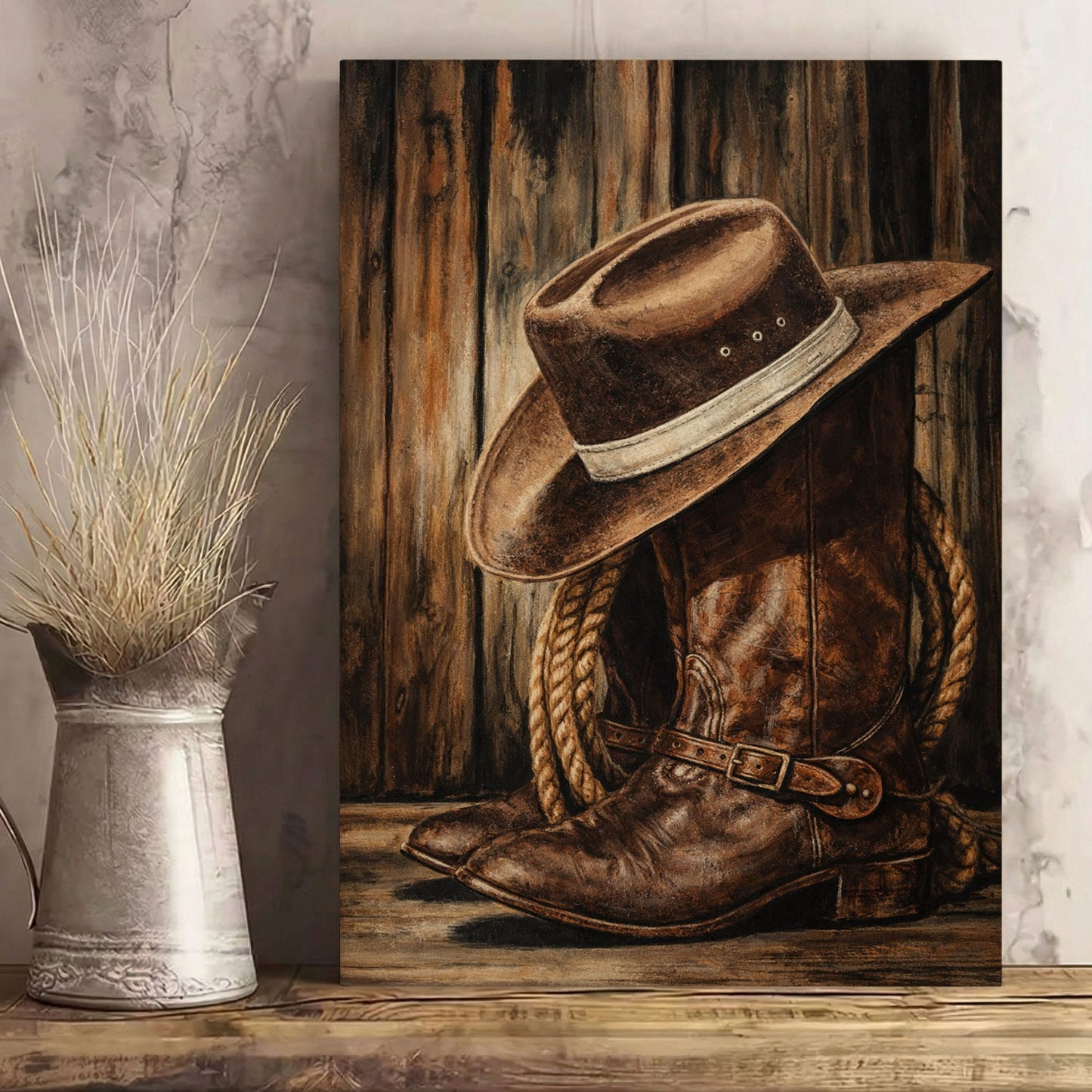 Cowboy Boots and Hat Wall Art Canvas, Western Bar Decor, Rustic Cabin Lodge Wall Decor