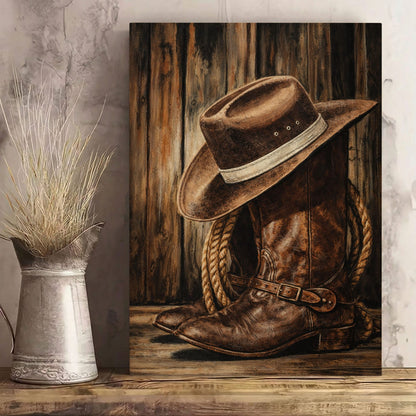 Cowboy Boots and Hat Wall Art Canvas, Western Bar Decor, Rustic Cabin Lodge Wall Decor