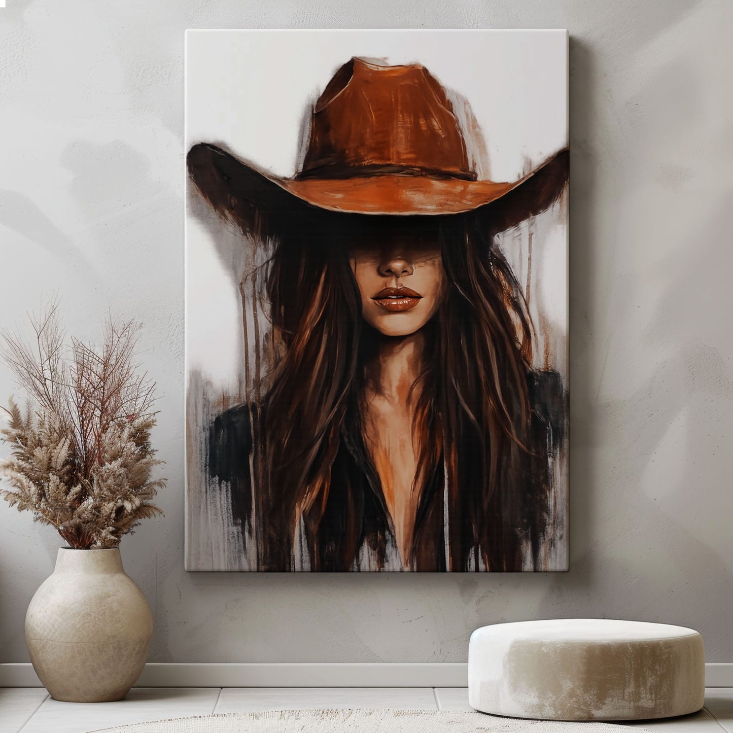 Cowgirl Wall Art Canvas, Western Woman Portrait, Rustic Bar Decor