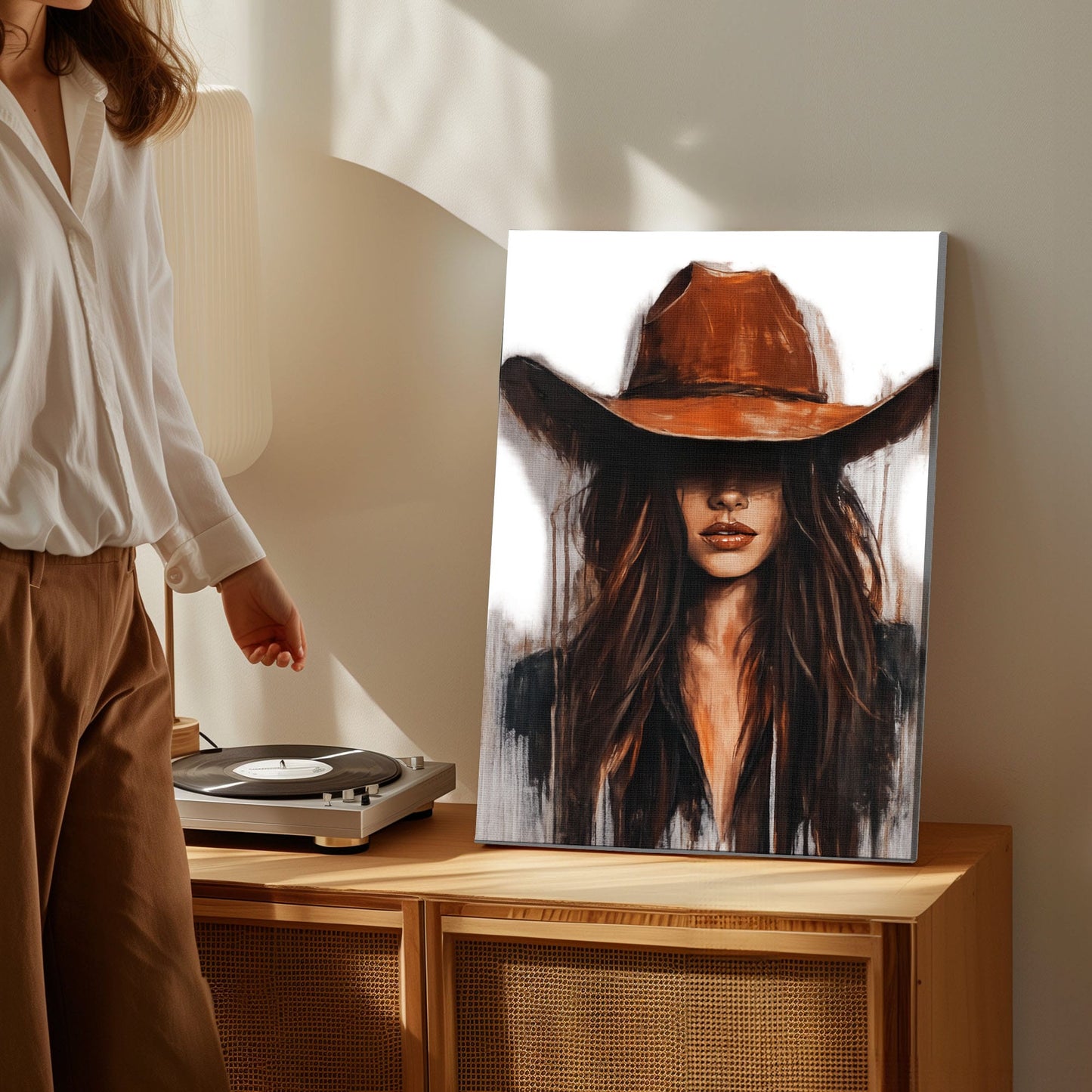 Cowgirl Wall Art Canvas, Western Woman Portrait, Rustic Bar Decor