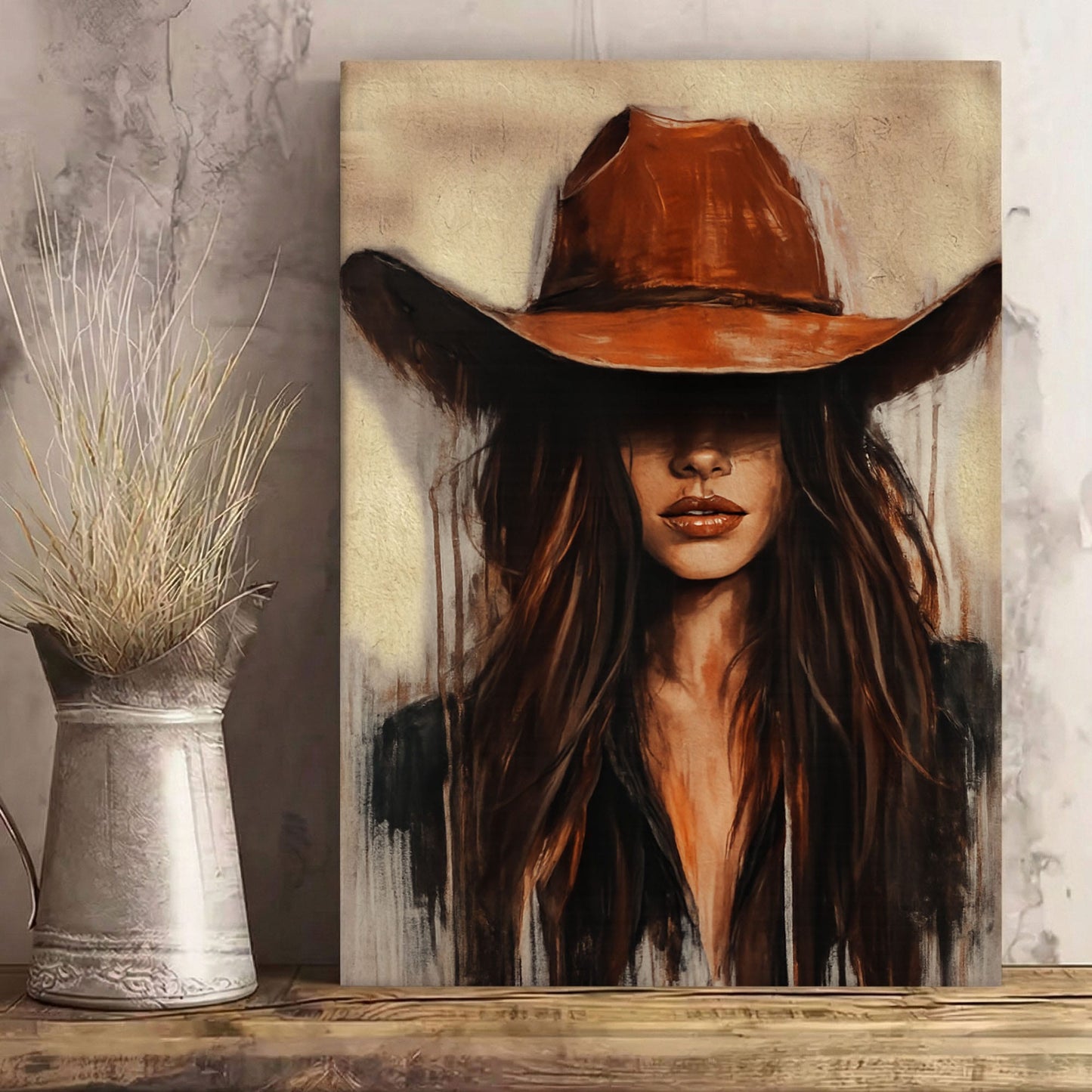 Cowgirl Wall Art Canvas, Western Woman Portrait, Rustic Bar Decor