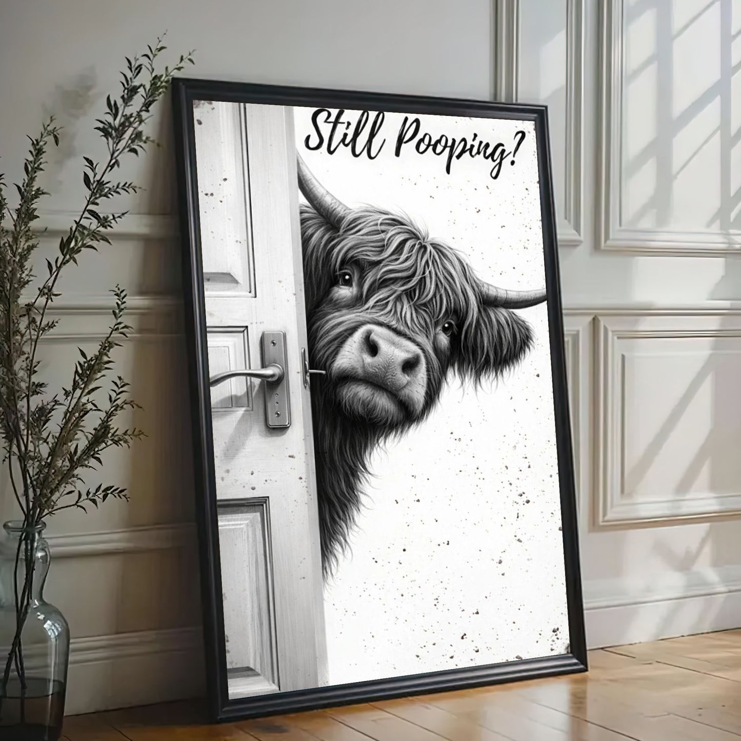 Highland Cow Bathroom Art, Rustic Farmhouse Pooping Cow Canvas