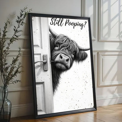 Highland Cow Bathroom Art, Rustic Farmhouse Pooping Cow Canvas