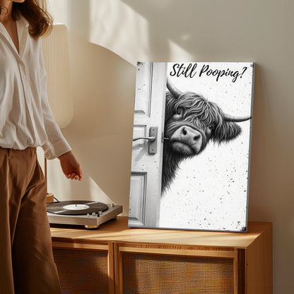 Highland Cow Bathroom Art, Rustic Farmhouse Pooping Cow Canvas