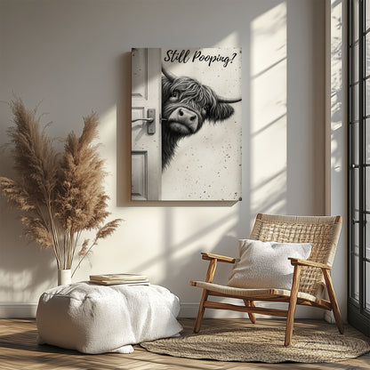 Highland Cow Bathroom Art, Rustic Farmhouse Pooping Cow Canvas