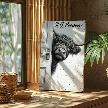 Highland Cow Bathroom Art, Rustic Farmhouse Pooping Cow Canvas