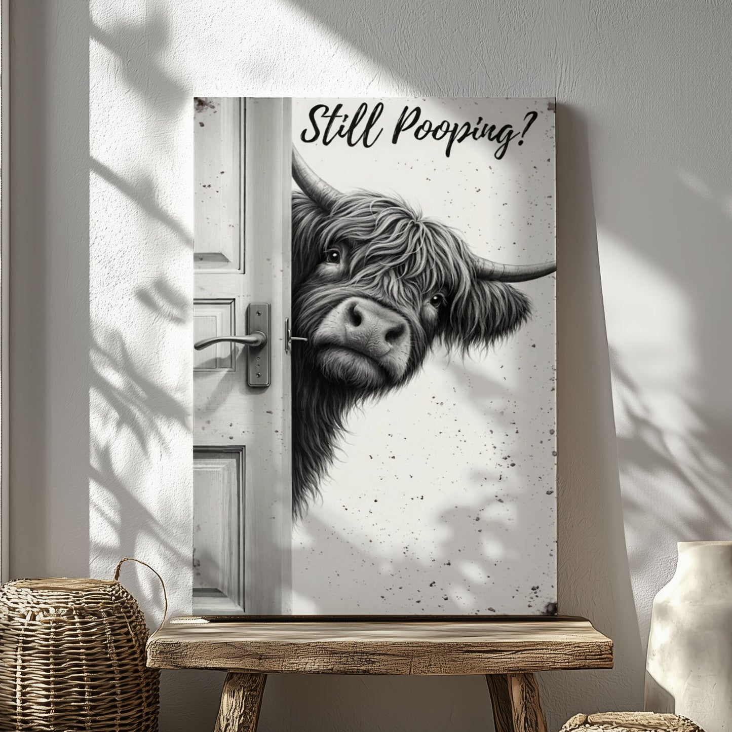Highland Cow Bathroom Art, Rustic Farmhouse Pooping Cow Canvas