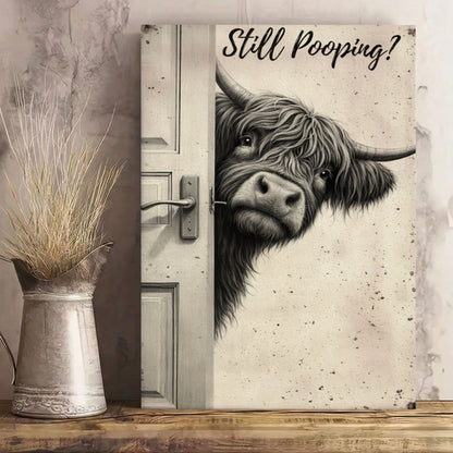 Highland Cow Bathroom Art, Rustic Farmhouse Pooping Cow Canvas