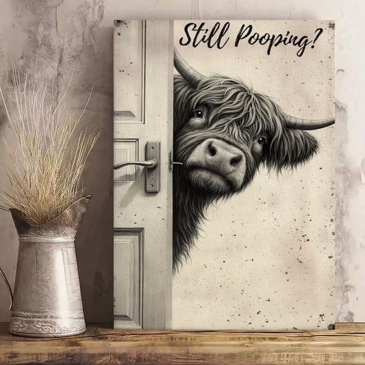 Highland Cow Bathroom Art, Rustic Farmhouse Pooping Cow Canvas