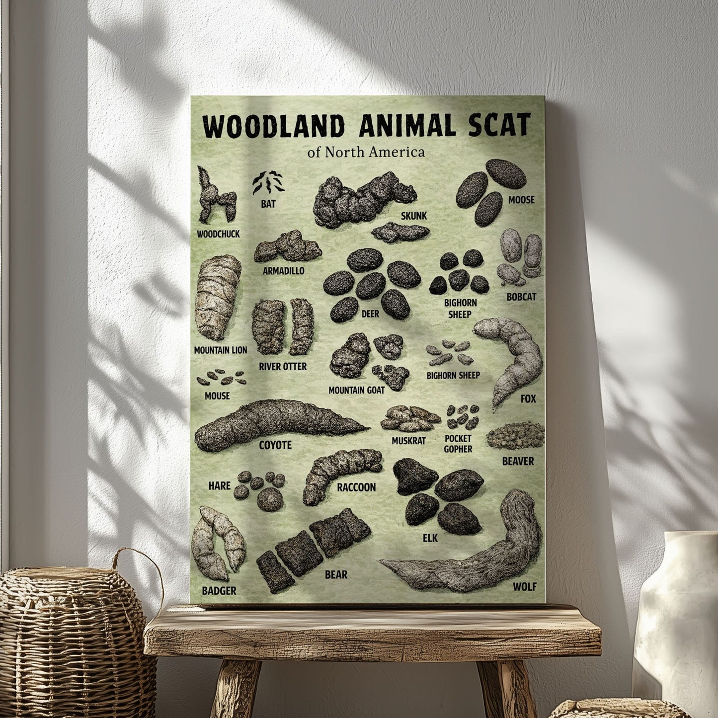 Animal scat print - Woodland animal droppings poster, Wilderness poop chart