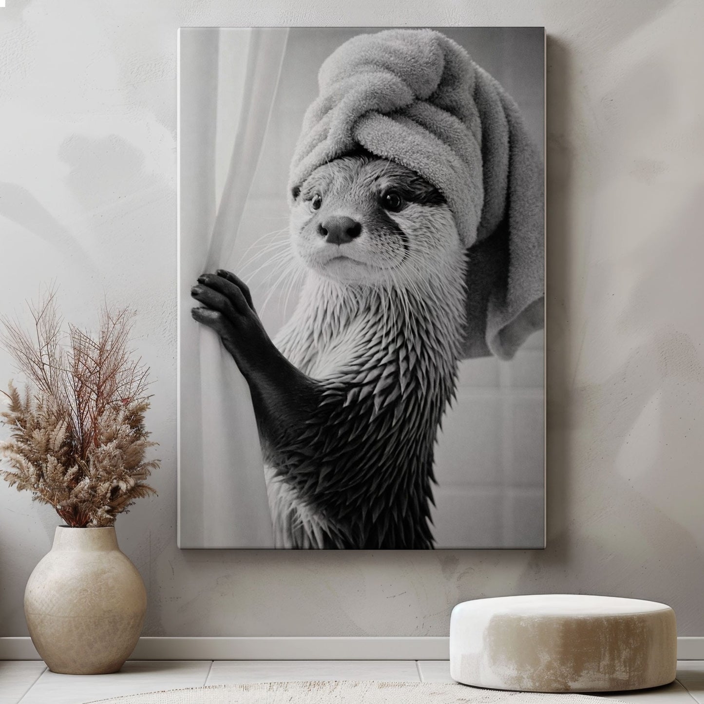 Funny Spa Otter Black and White Canvas Print
