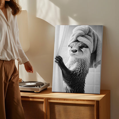 Funny Spa Otter Black and White Canvas Print