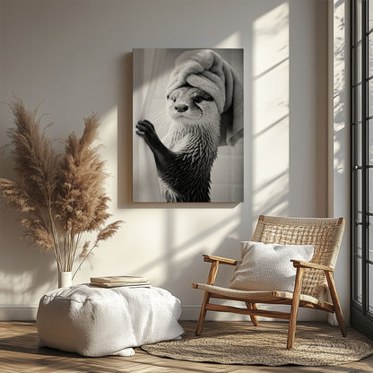 Funny Spa Otter Black and White Canvas Print