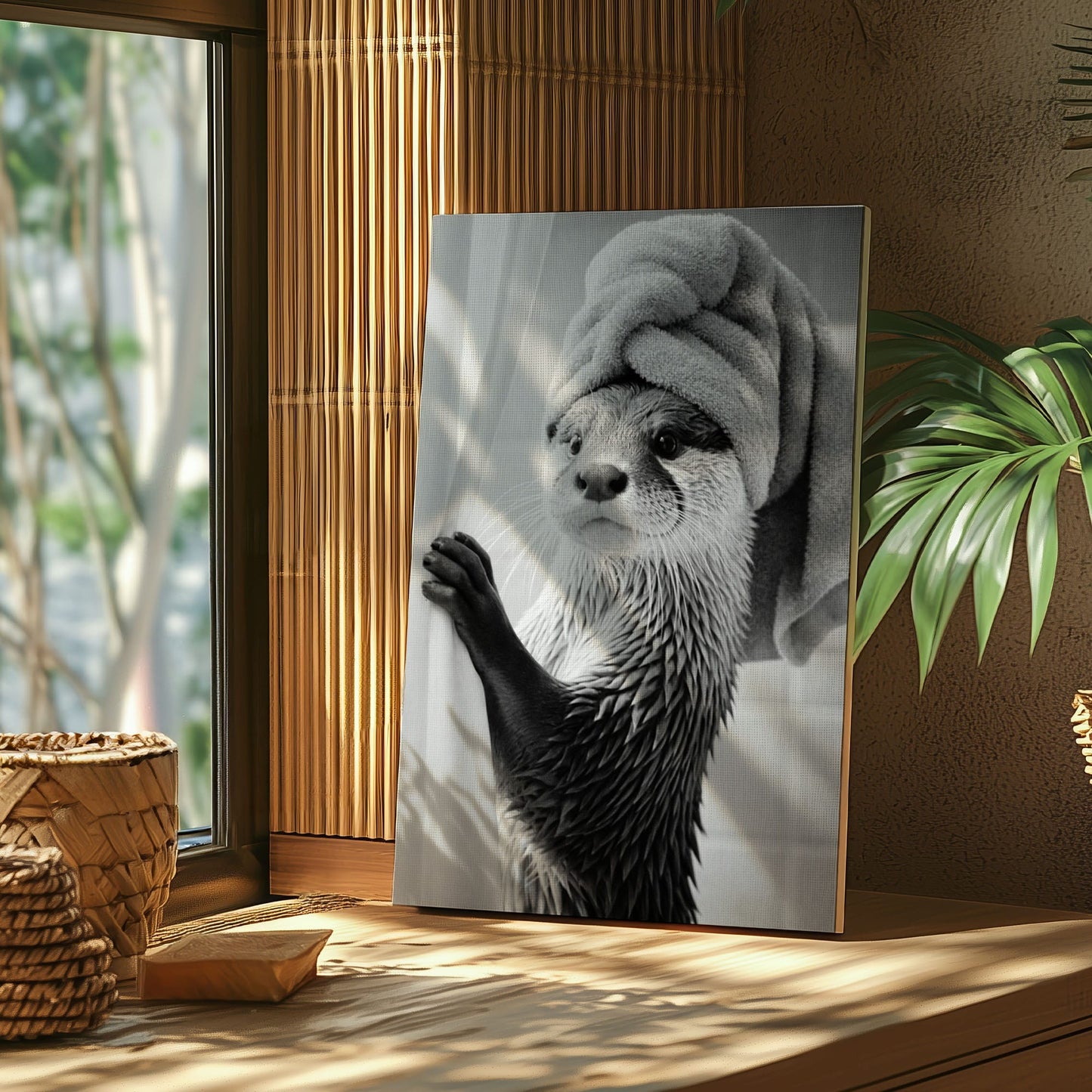 Funny Spa Otter Black and White Canvas Print