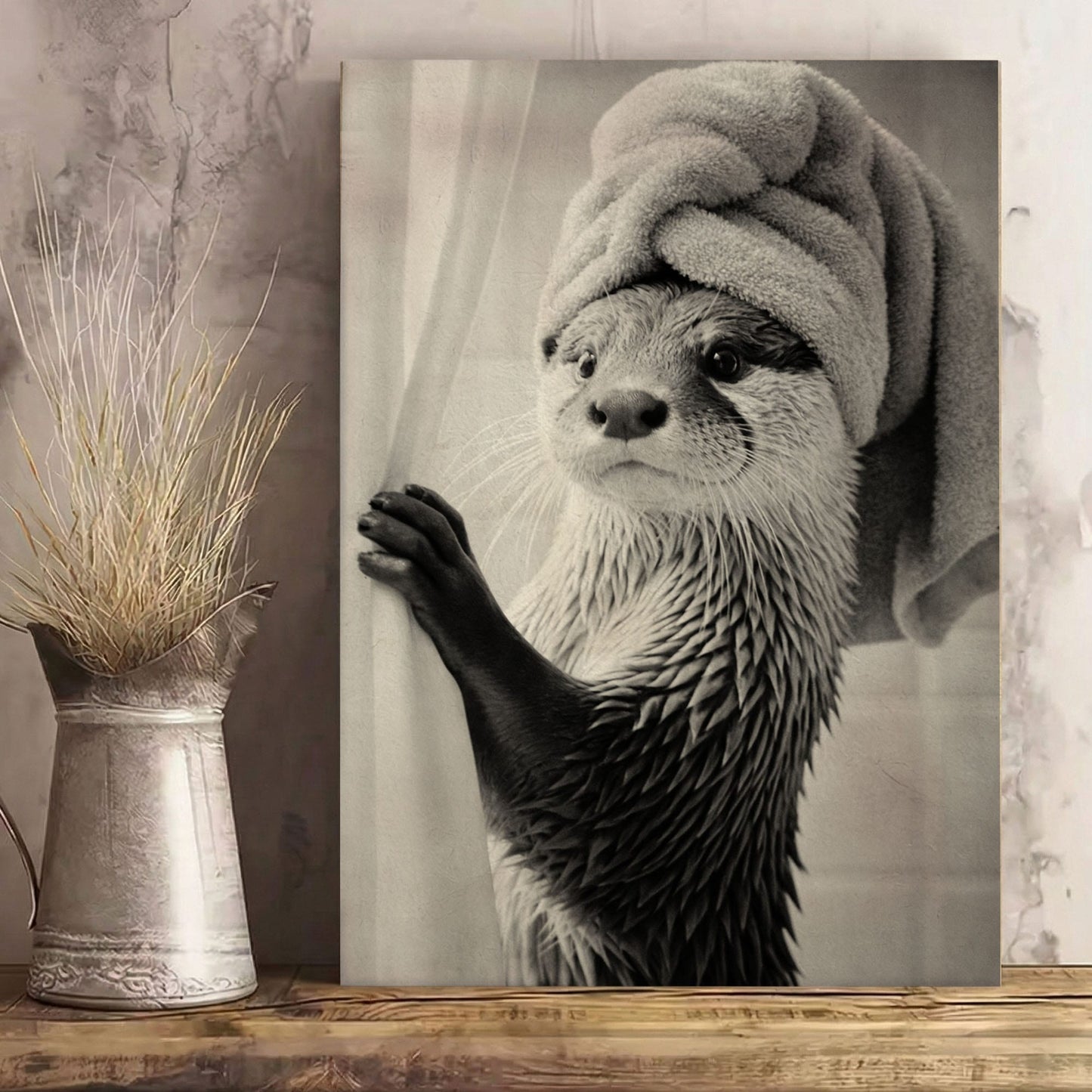 Funny Spa Otter Black and White Canvas Print