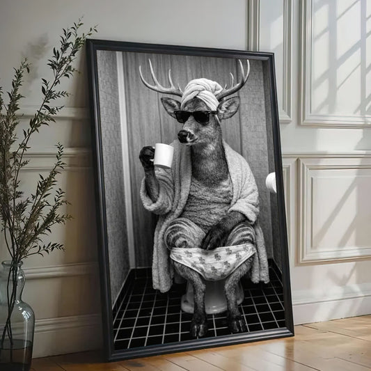 Deer Bathroom Humor Canvas, Cool Animal Wall Art for Home Decor