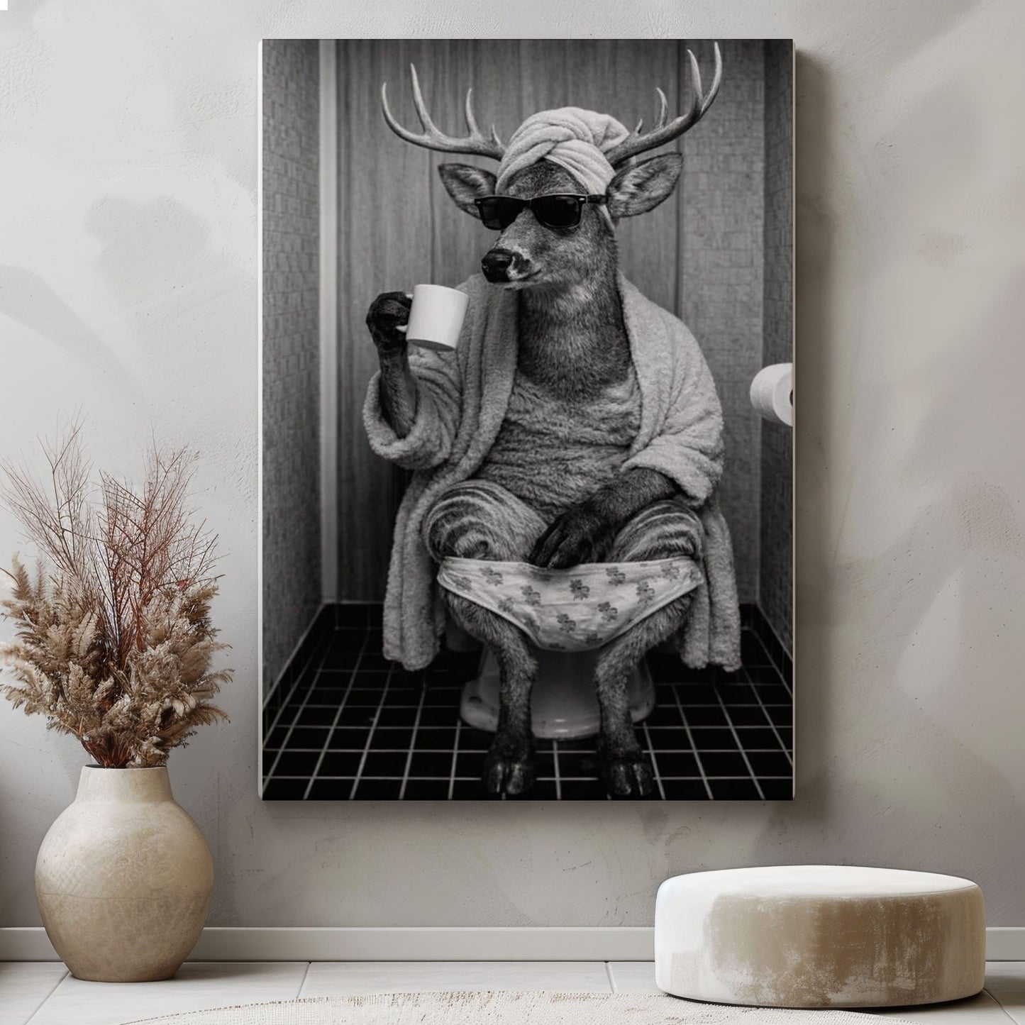 Deer Bathroom Humor Canvas, Cool Animal Wall Art for Home Decor