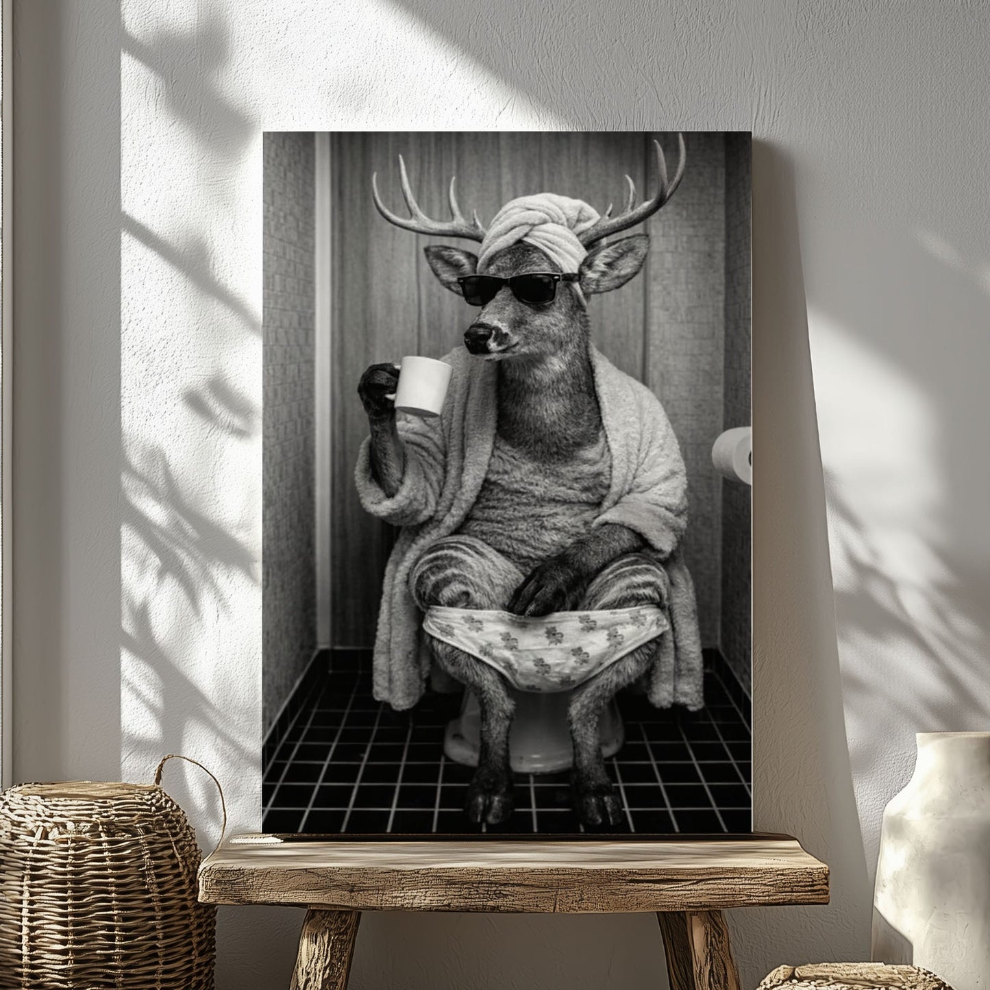 Deer Bathroom Humor Canvas, Cool Animal Wall Art for Home Decor