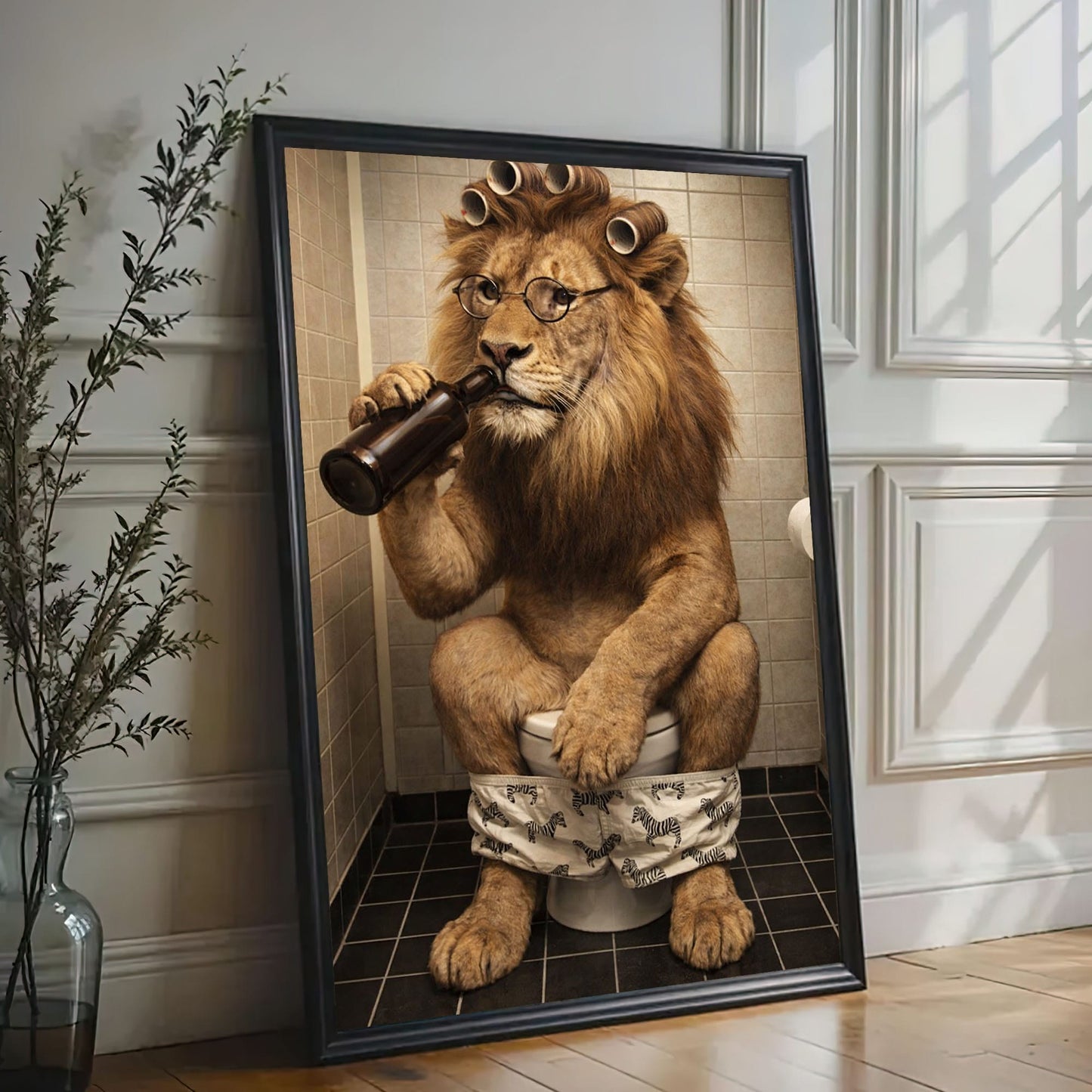 Cool Lion Bathroom Wall Art, Funny Animal Drinking Beer on Toilet Canvas