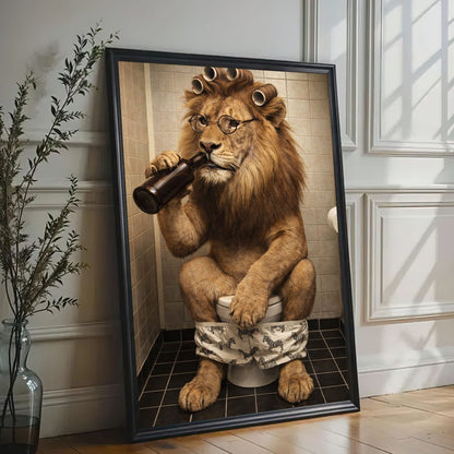 Cool Lion Bathroom Wall Art, Funny Animal Drinking Beer on Toilet Canvas