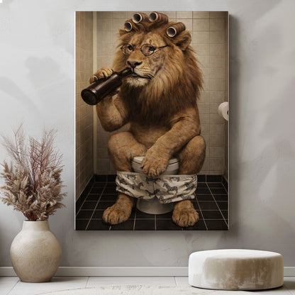 Cool Lion Bathroom Wall Art, Funny Animal Drinking Beer on Toilet Canvas