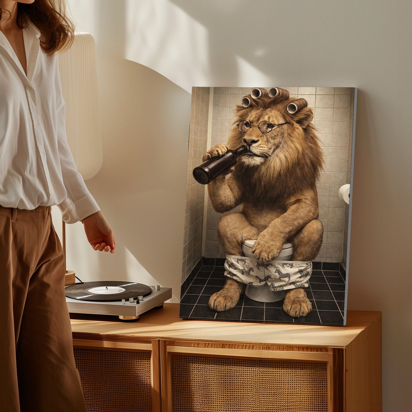 Cool Lion Bathroom Wall Art, Funny Animal Drinking Beer on Toilet Canvas