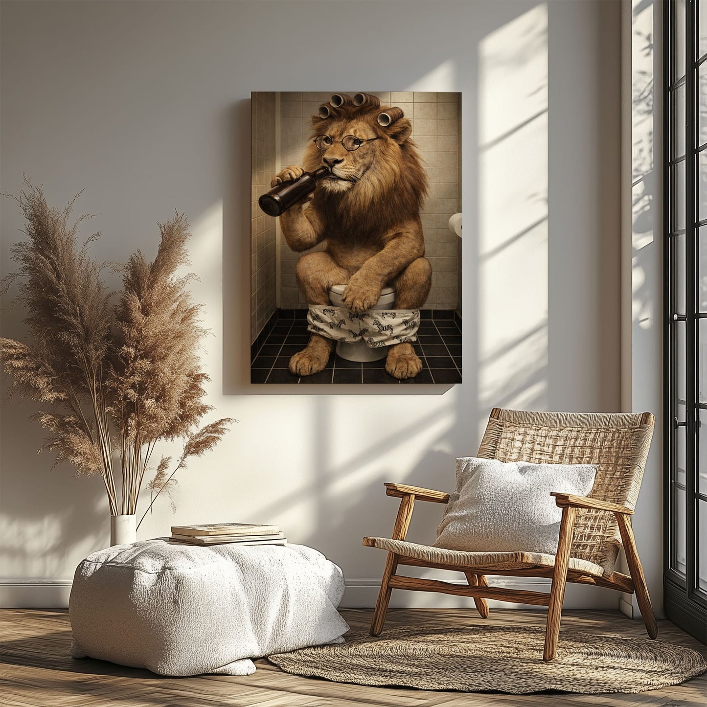 Cool Lion Bathroom Wall Art, Funny Animal Drinking Beer on Toilet Canvas