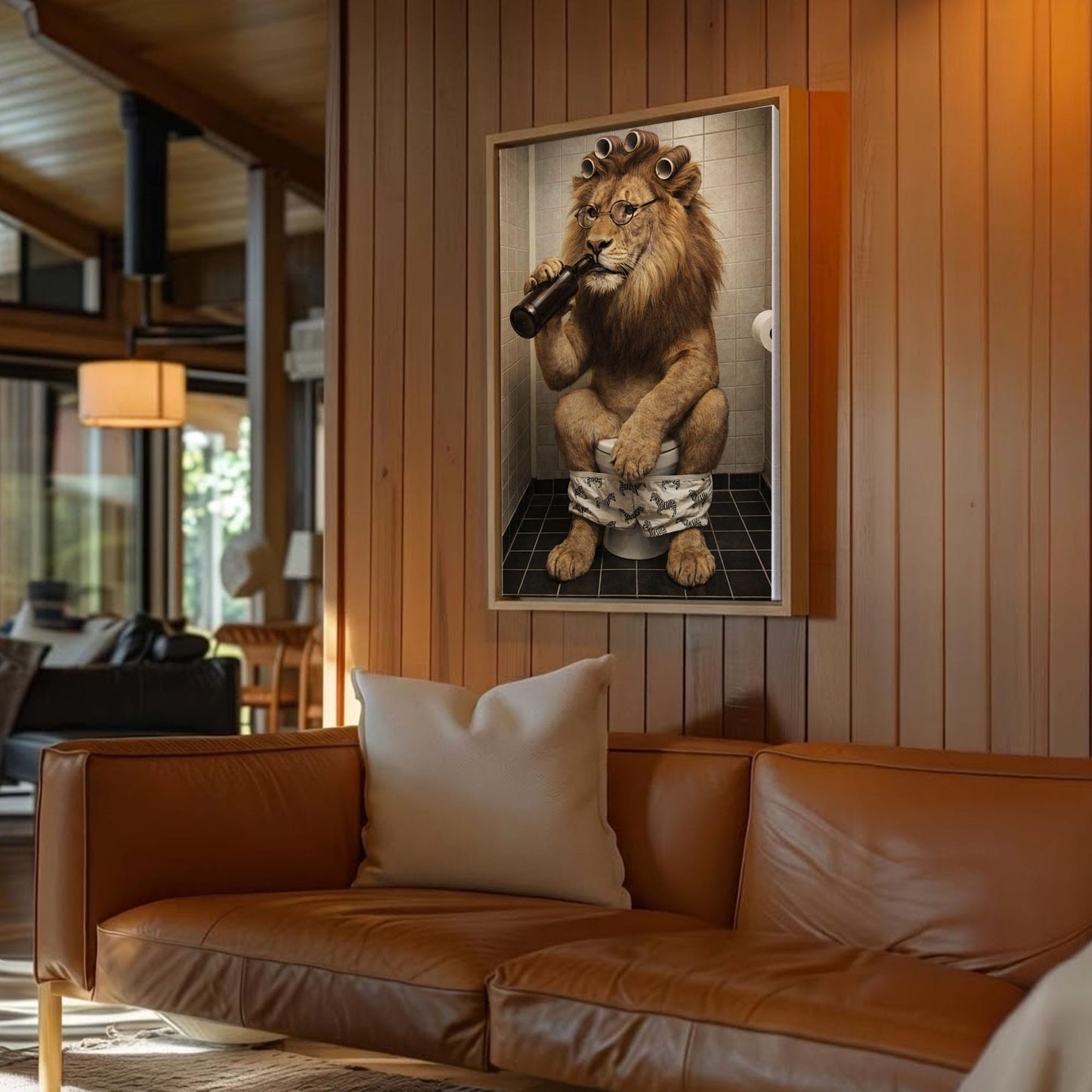 Cool Lion Bathroom Wall Art, Funny Animal Drinking Beer on Toilet Canvas