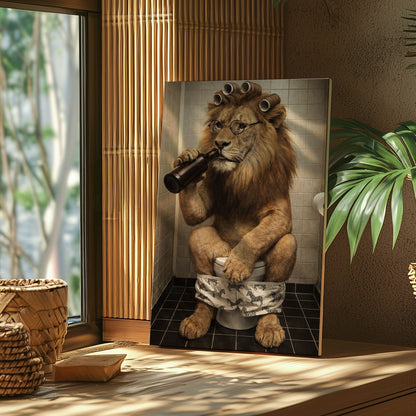 Cool Lion Bathroom Wall Art, Funny Animal Drinking Beer on Toilet Canvas