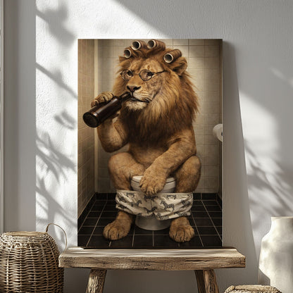 Cool Lion Bathroom Wall Art, Funny Animal Drinking Beer on Toilet Canvas