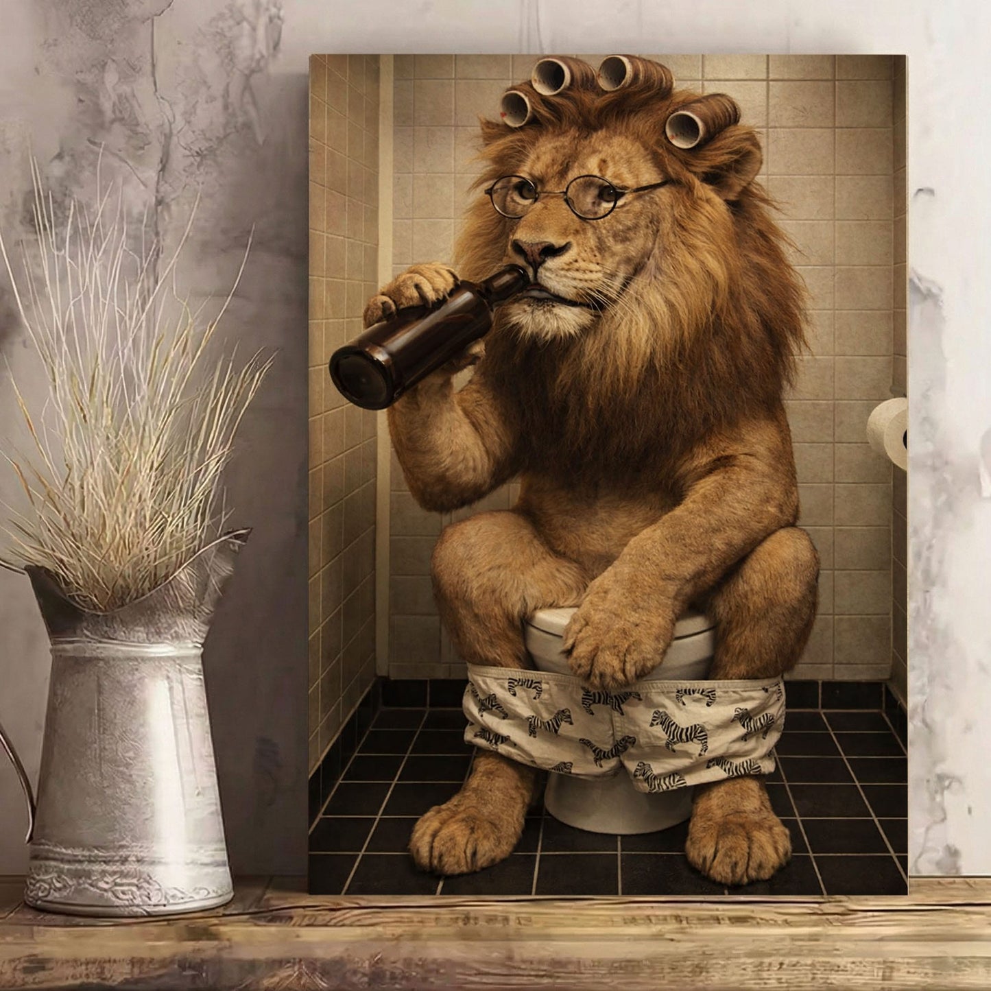 Cool Lion Bathroom Wall Art, Funny Animal Drinking Beer on Toilet Canvas