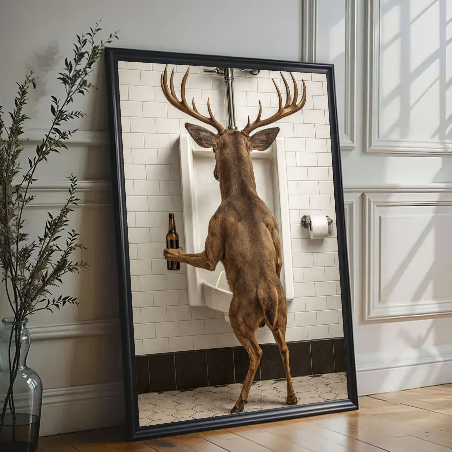 Deer Holding Beer and Standing at the Urinal Canvas Hilarious Bathroom Wall Art