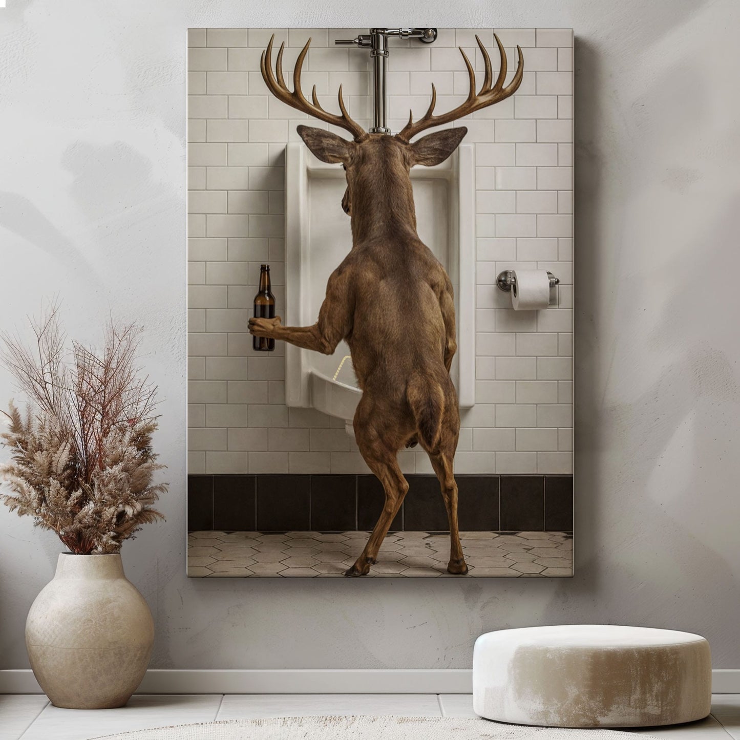 Deer Holding Beer and Standing at the Urinal Canvas Hilarious Bathroom Wall Art