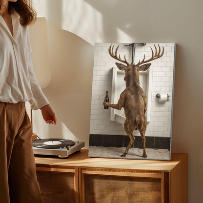 Deer Holding Beer and Standing at the Urinal Canvas Hilarious Bathroom Wall Art