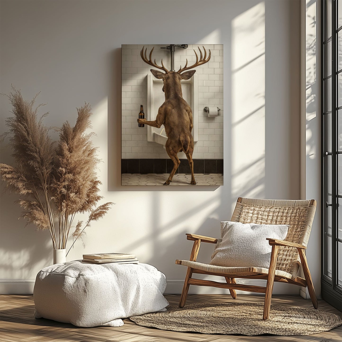 Deer Holding Beer and Standing at the Urinal Canvas Hilarious Bathroom Wall Art