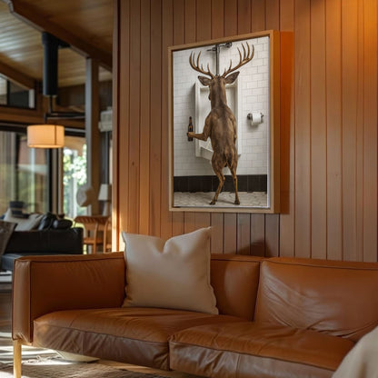 Deer Holding Beer and Standing at the Urinal Canvas Hilarious Bathroom Wall Art
