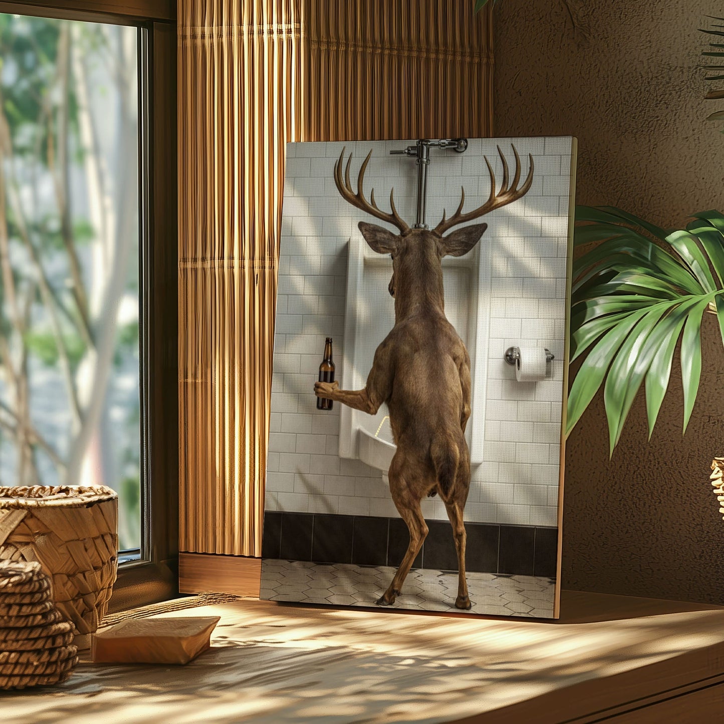 Deer Holding Beer and Standing at the Urinal Canvas Hilarious Bathroom Wall Art